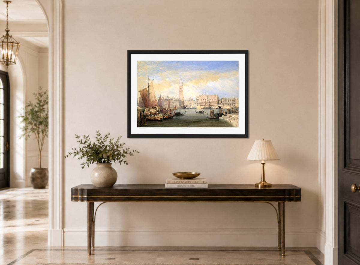 William Callow Print, Venice from St displayed above a console table
