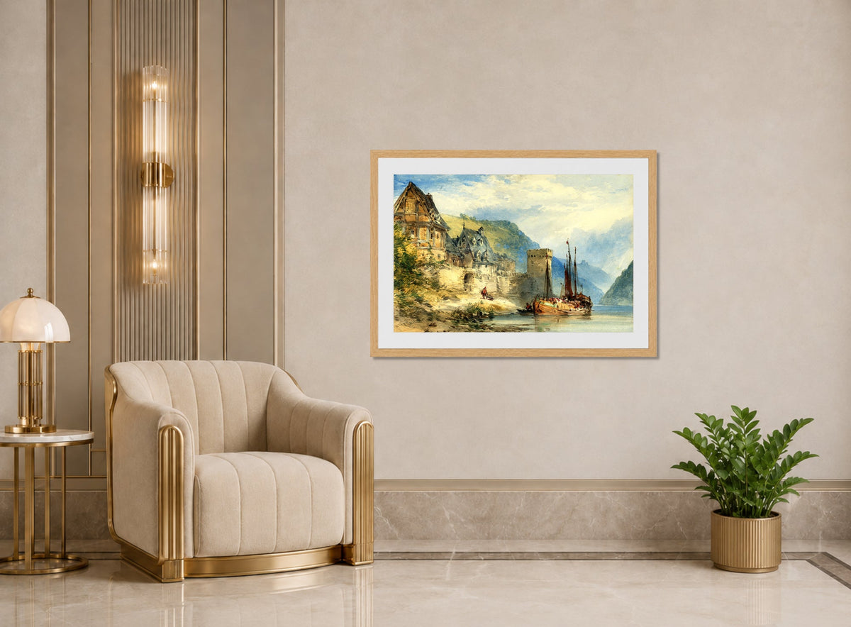 William Callow Print, View of a town, possibly Oberwesel, on the Rhine, Germany displayed in an Art Deco interior