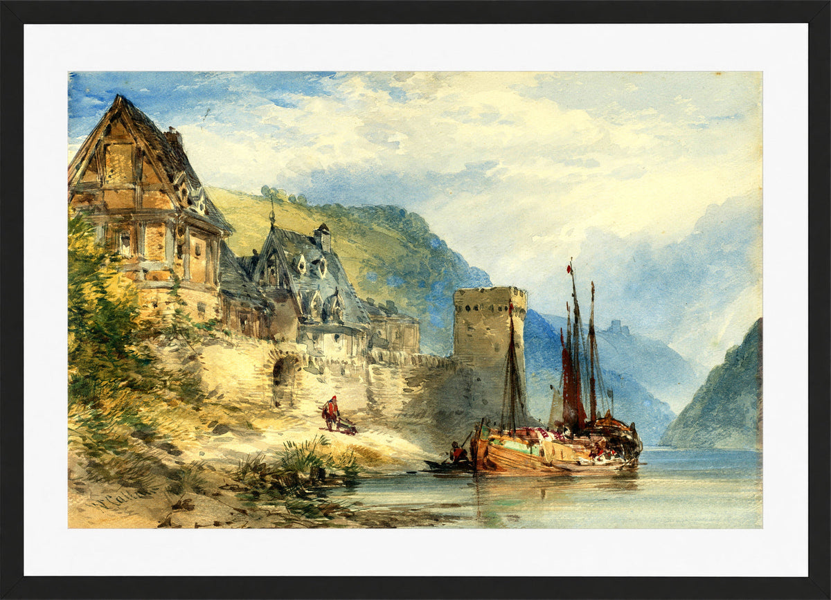 William Callow Print, View of a town, possibly Oberwesel, on the Rhine, Germany in a black frame