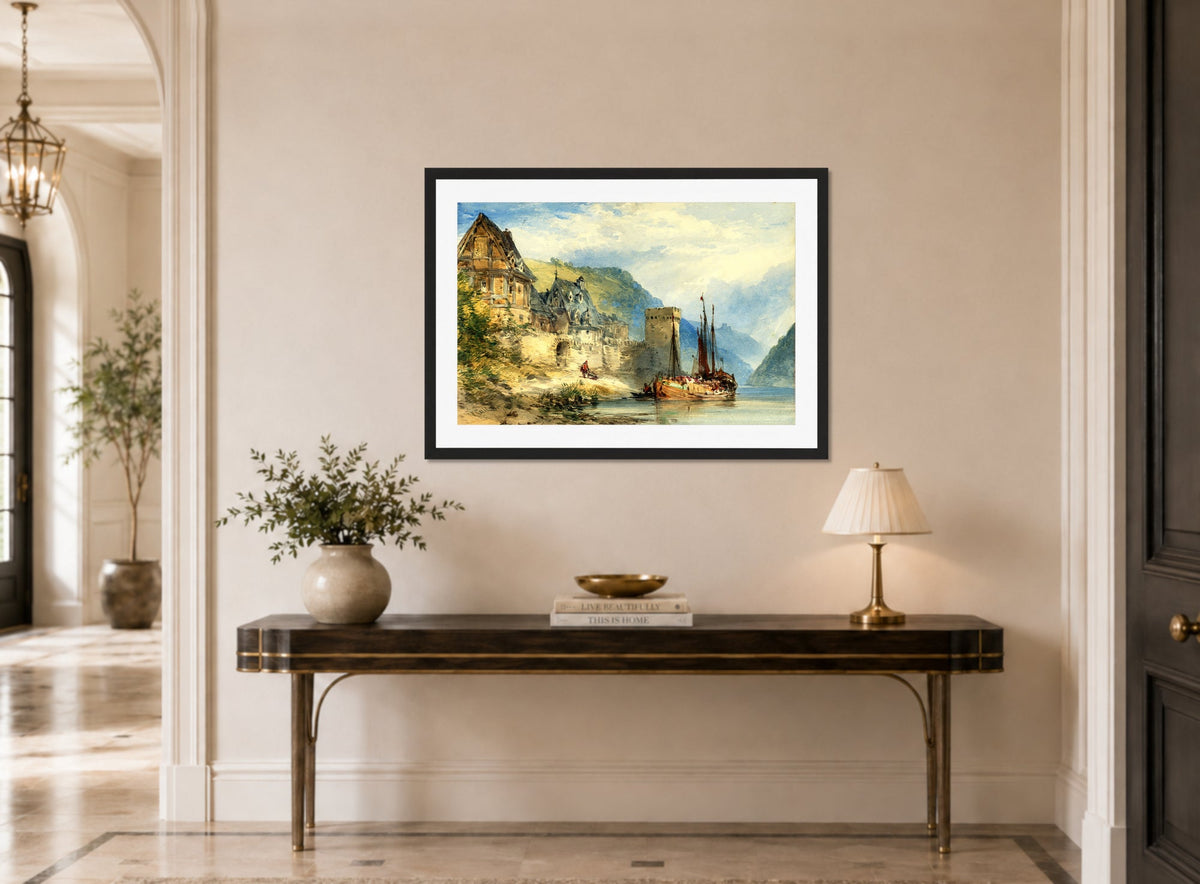 William Callow Print, View of a town, possibly Oberwesel, on the Rhine, Germany displayed above a console table
