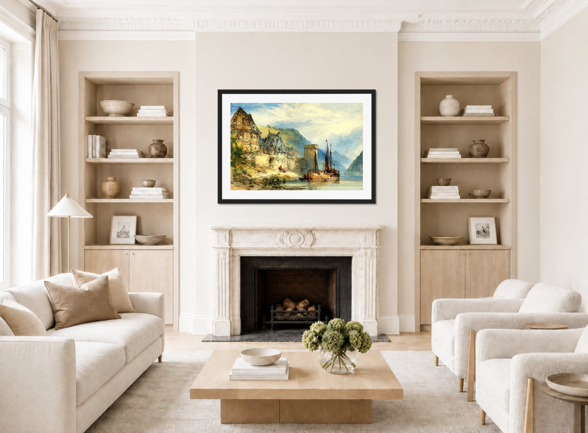 William Callow Print, View of a town, possibly Oberwesel, on the Rhine, Germany displayed in a Scandinavian living room