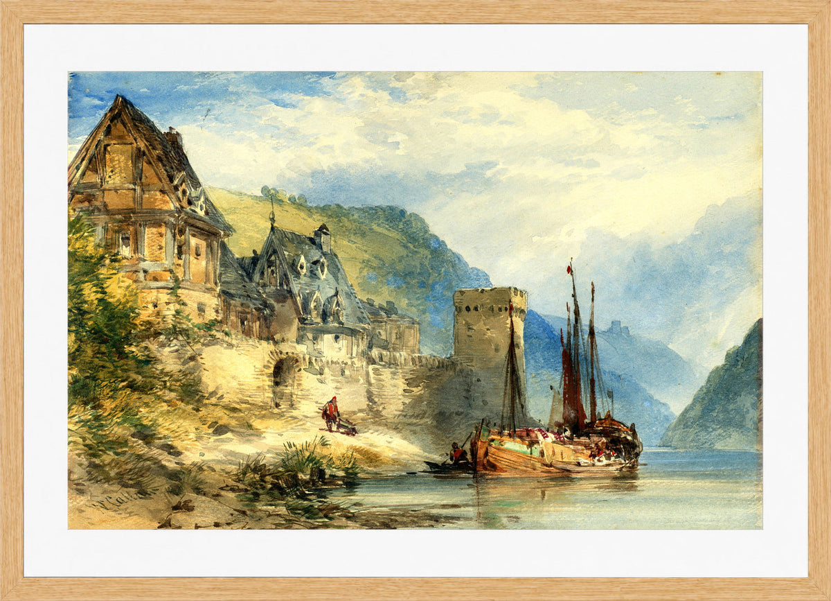 William Callow Print, View of a town, possibly Oberwesel, on the Rhine, Germany in an oak frame