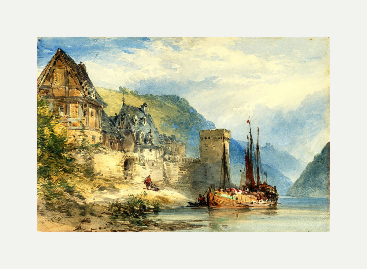 William Callow Print, View of a town, possibly Oberwesel, on the Rhine, Germany with an off-white border for rolled canvas