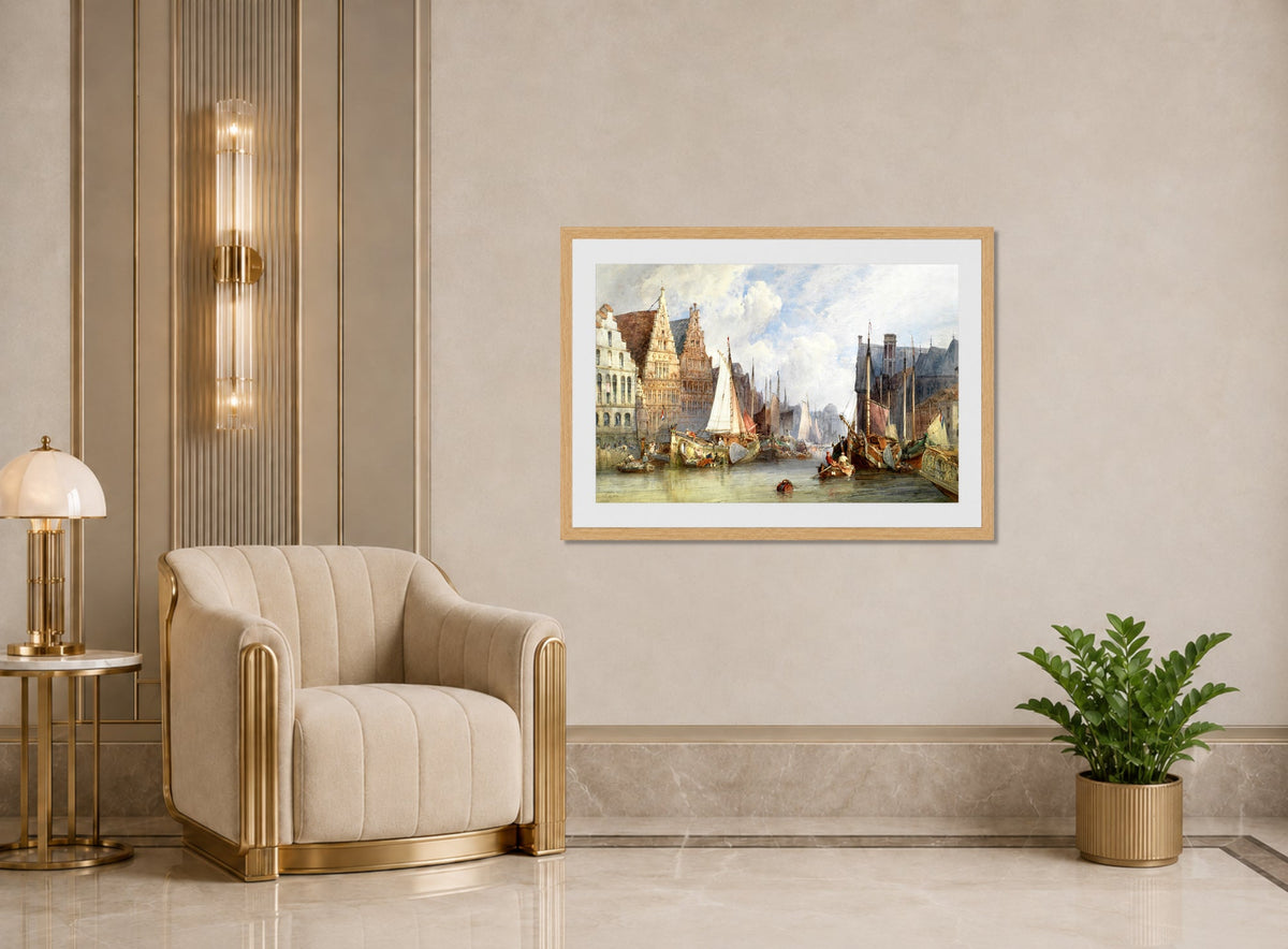William Callow Print, View of Ghent (1895) displayed in an Art Deco interior