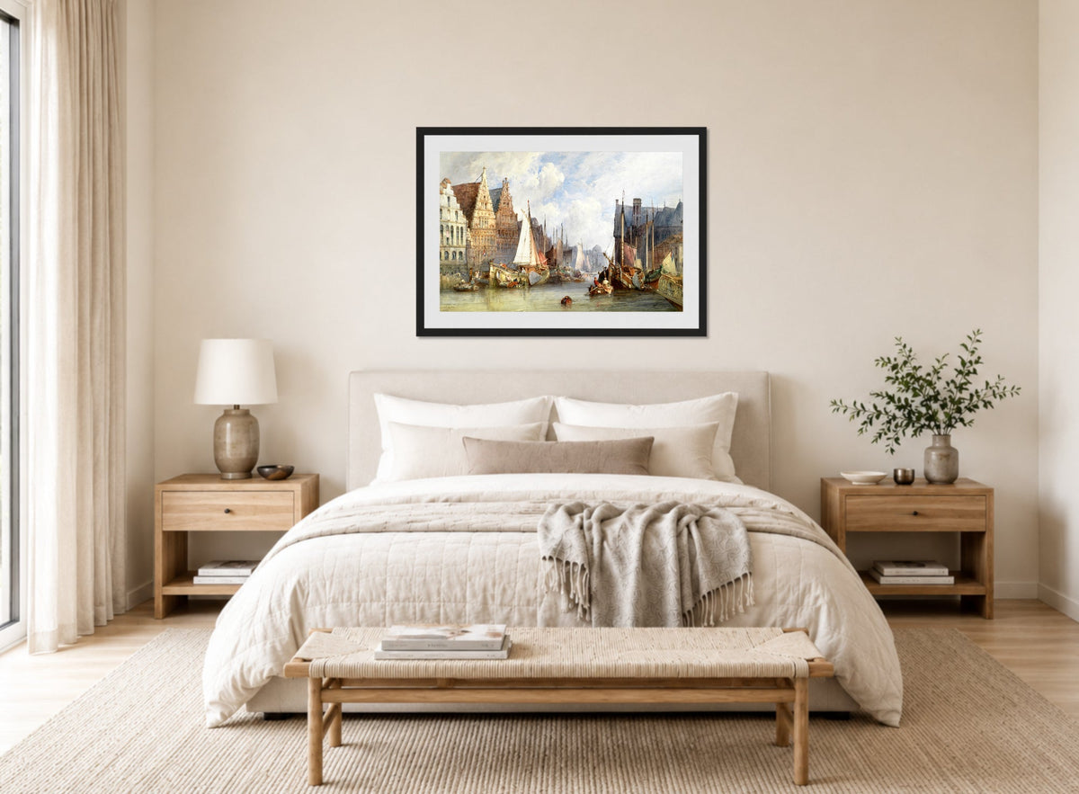 William Callow Print, View of Ghent (1895) displayed above a bed
