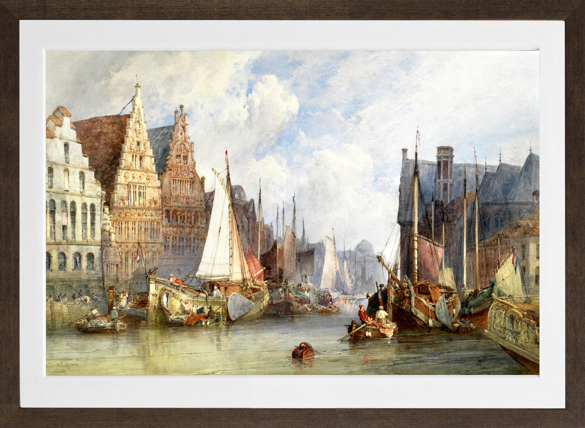 William Callow Print, View of Ghent (1895) in a brown frame