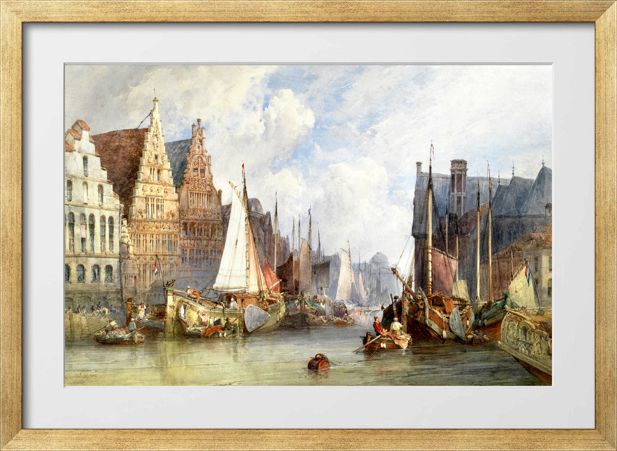 William Callow Print, View of Ghent (1895) in a gold frame
