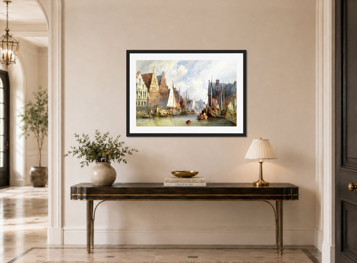 William Callow Print, View of Ghent (1895) displayed above a console table
