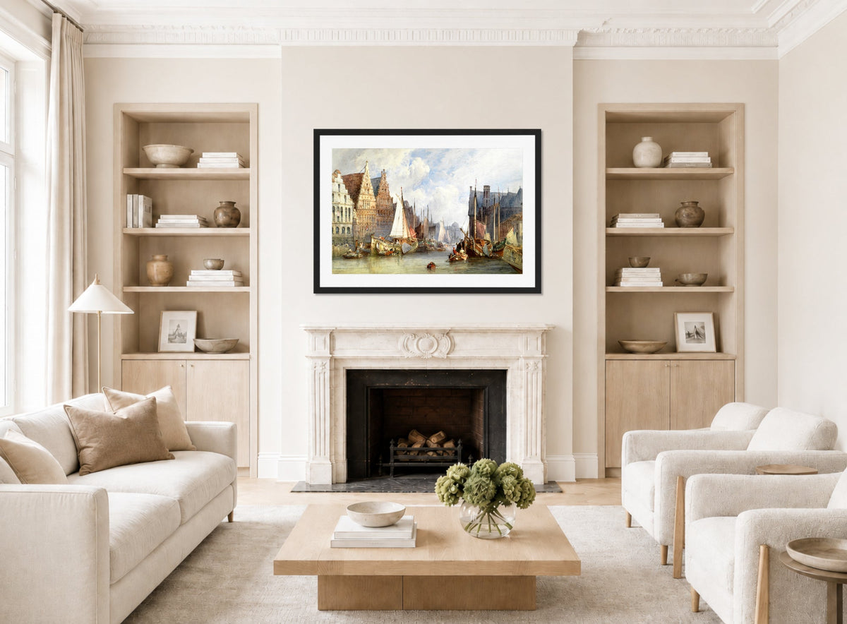 William Callow Print, View of Ghent (1895) displayed in a Scandinavian living room