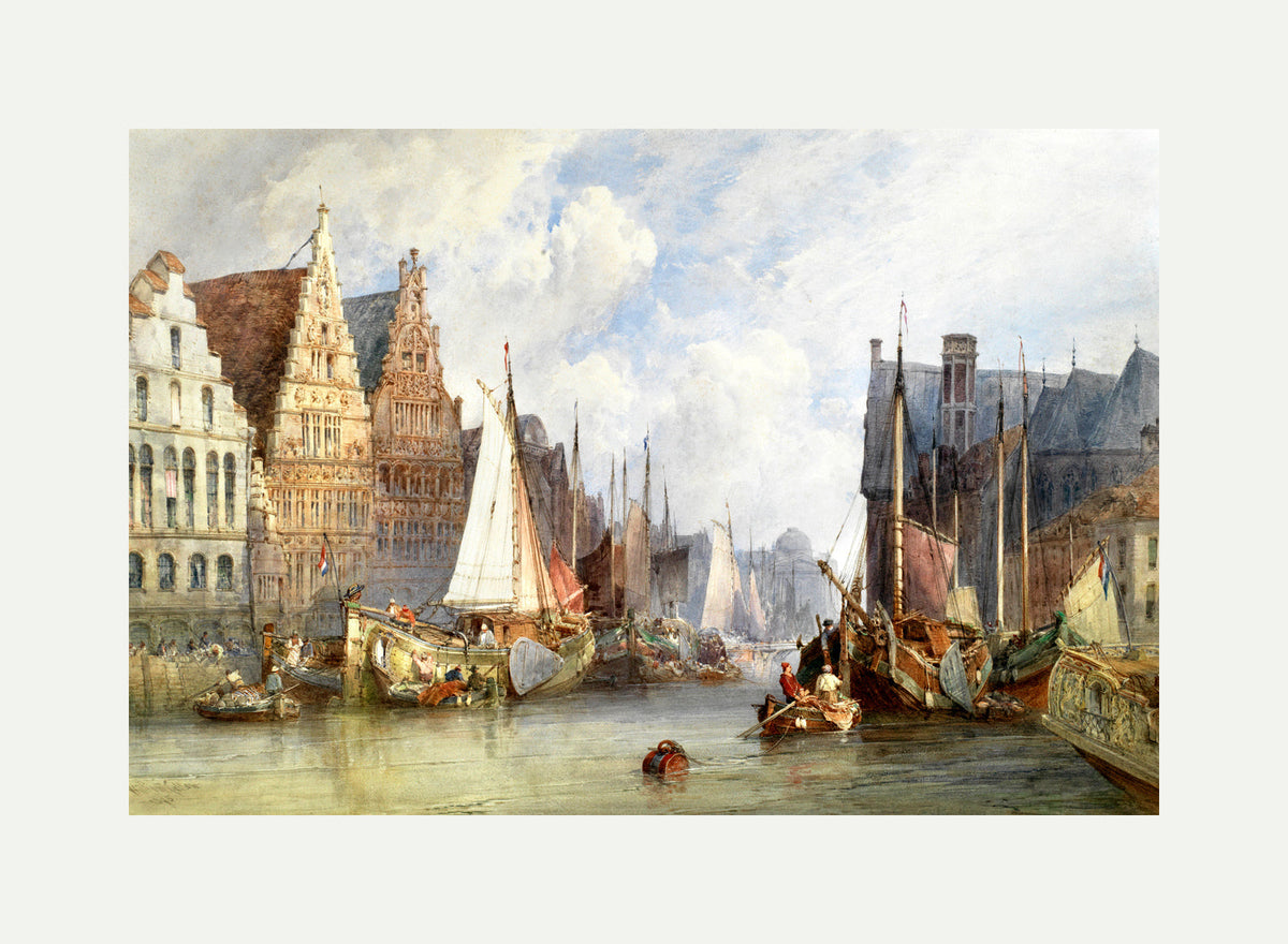 William Callow Print, View of Ghent (1895) with an off-white border for rolled canvas