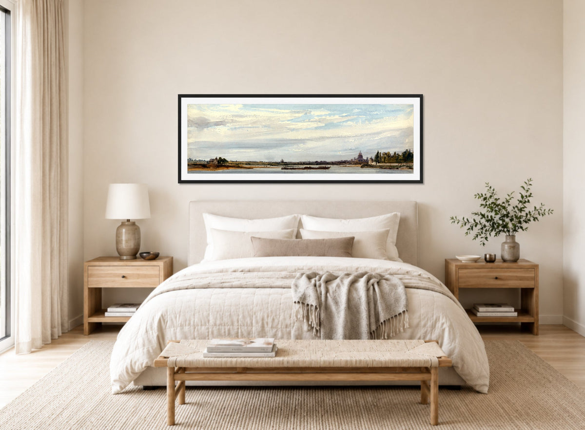 William Callow Print, View of Paris from Charenton (1834) displayed above a bed