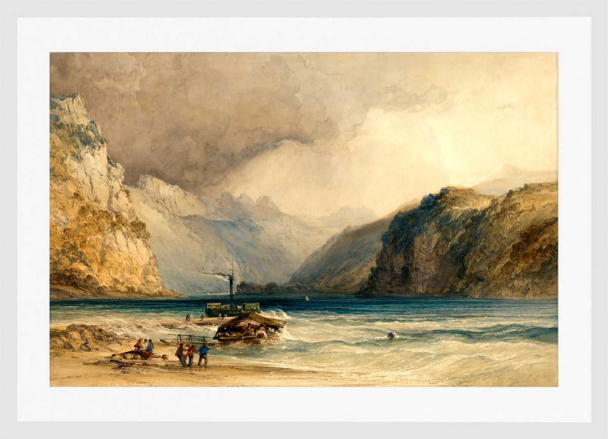 William Callow Print, Walenstadt, from Weesen, Switzerland (1842) in a white frame