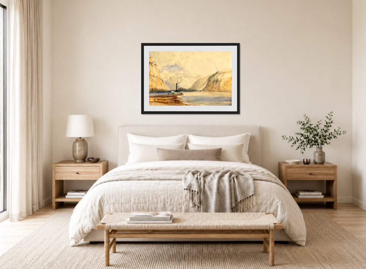 William Callow Print, Wallenstadt from Wesen, Switzerland (1838) displayed above a bed