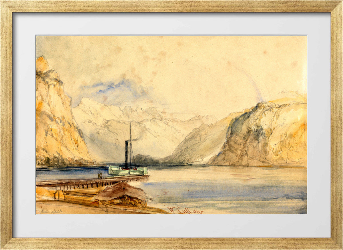 William Callow Print, Wallenstadt from Wesen, Switzerland (1838) in a gold frame