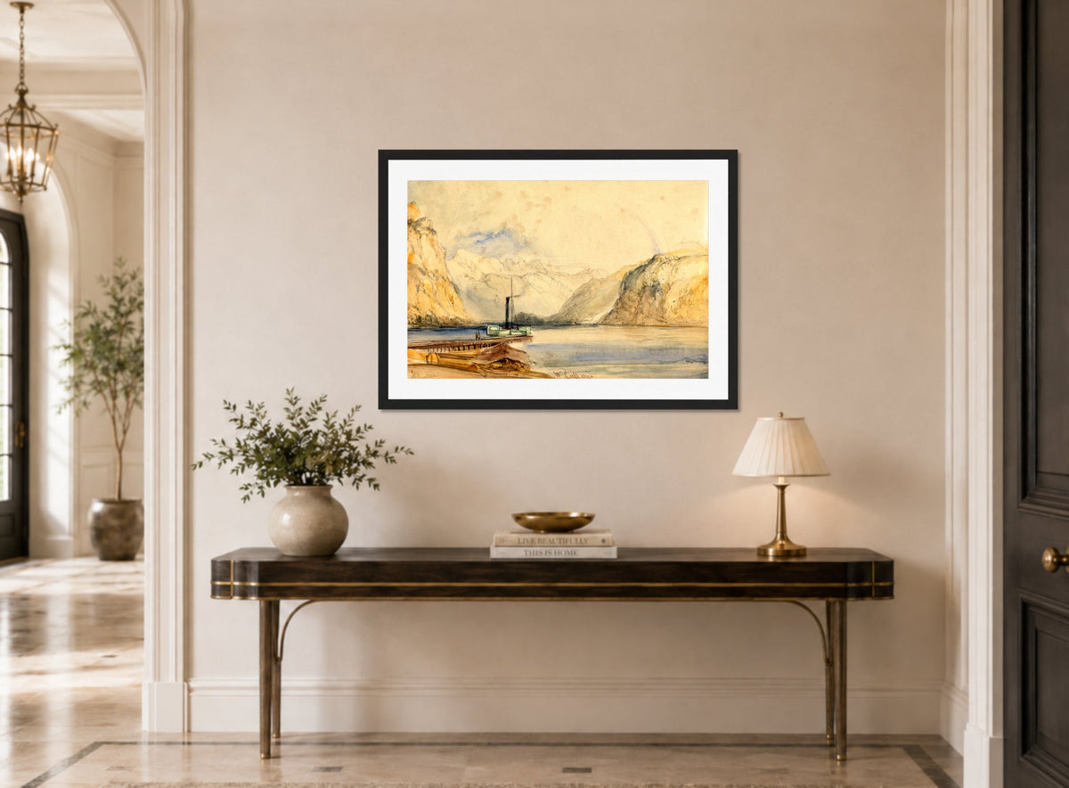 William Callow Print, Wallenstadt from Wesen, Switzerland (1838) displayed above a console table