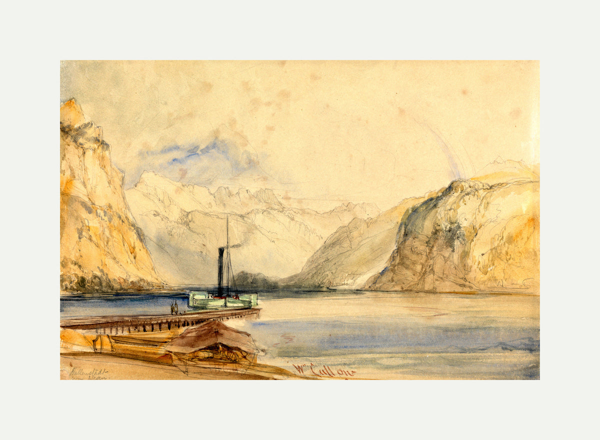 William Callow Print, Wallenstadt from Wesen, Switzerland (1838) with an off-white border for rolled canvas