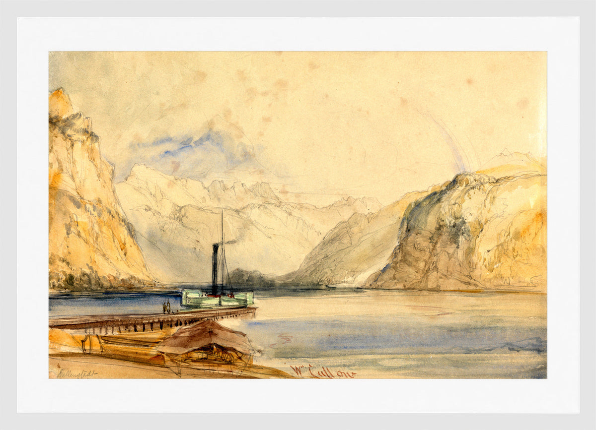 William Callow Print, Wallenstadt from Wesen, Switzerland (1838) in a white frame