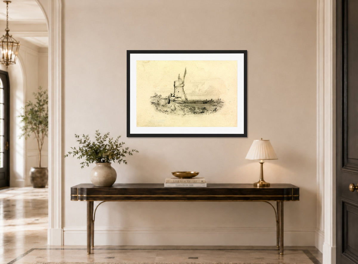 William Callow Print, Windmill displayed above a console table