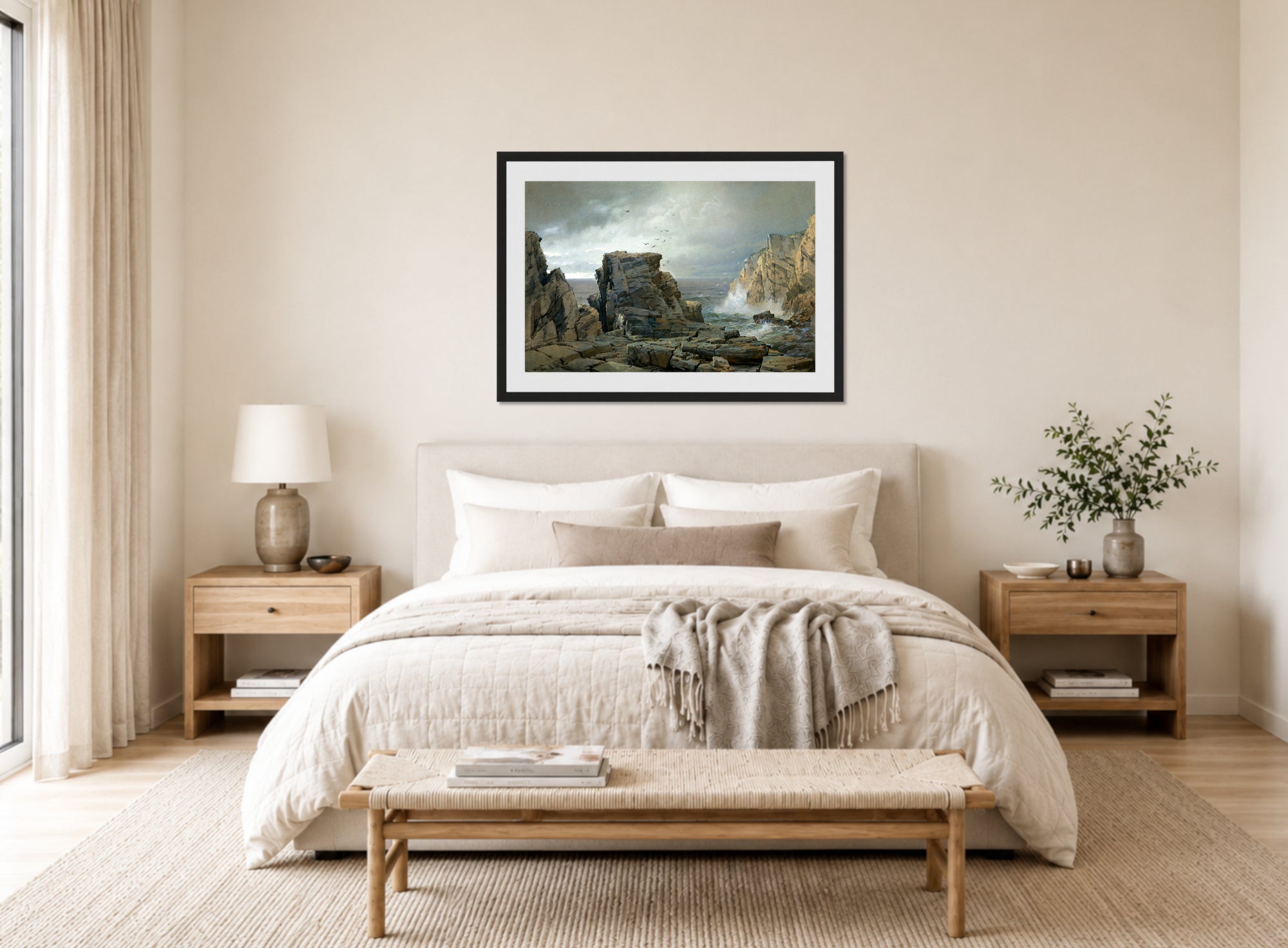 William Trost Richards Print, A Rocky Coast (1877) displayed above a bed