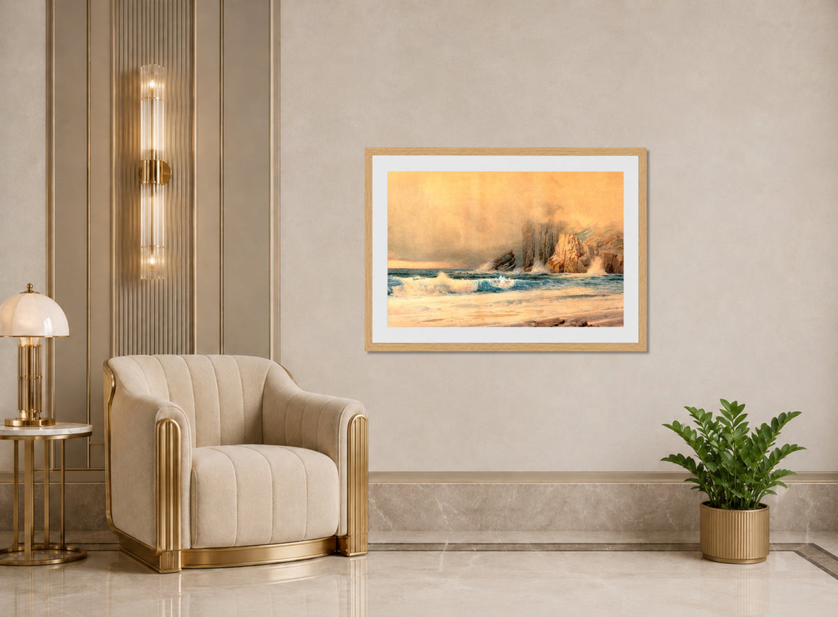 William Trost Richards Print, A Rocky Coast (1897) displayed in an Art Deco interior
