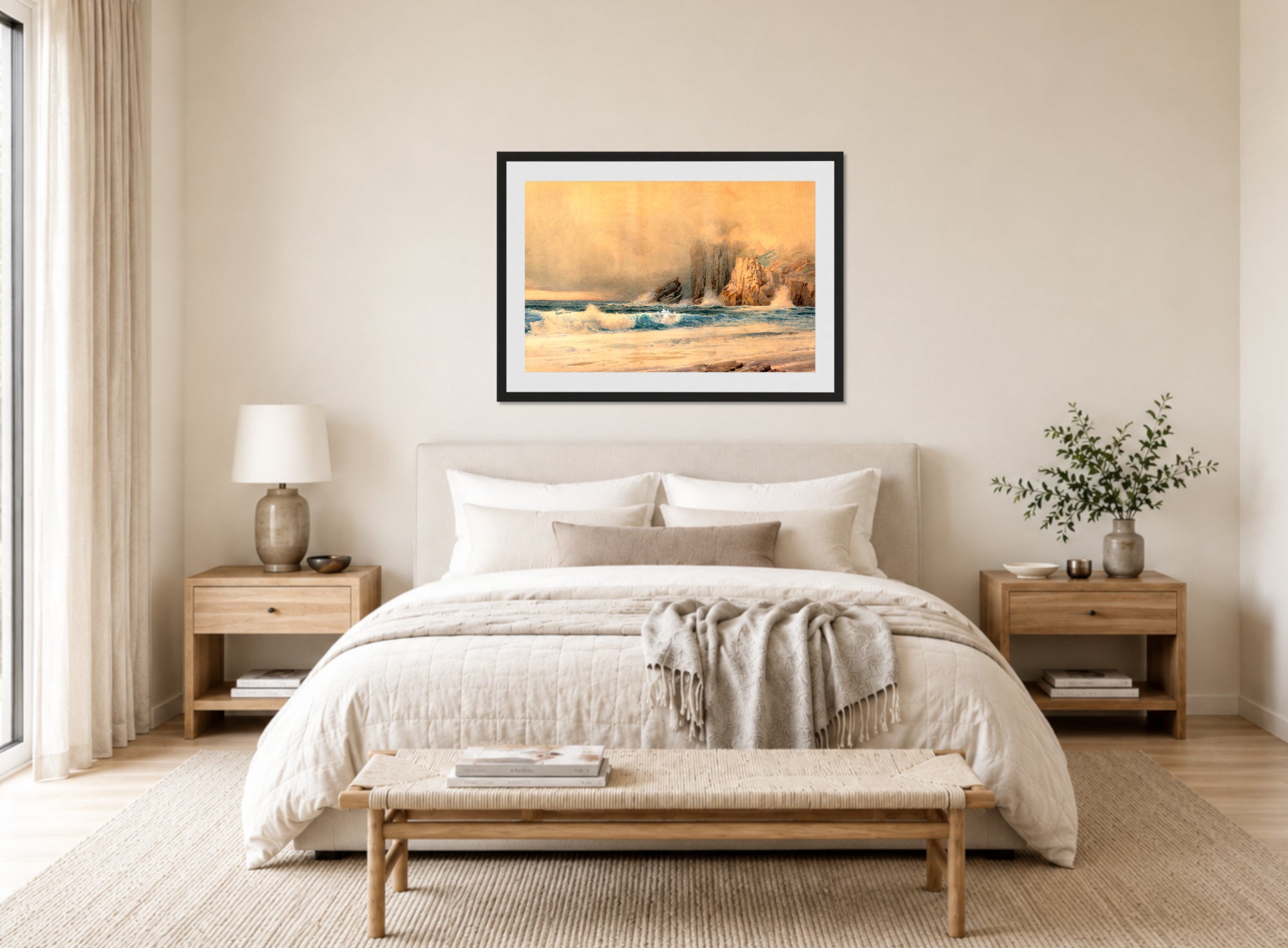 William Trost Richards Print, A Rocky Coast (1897) displayed above a bed