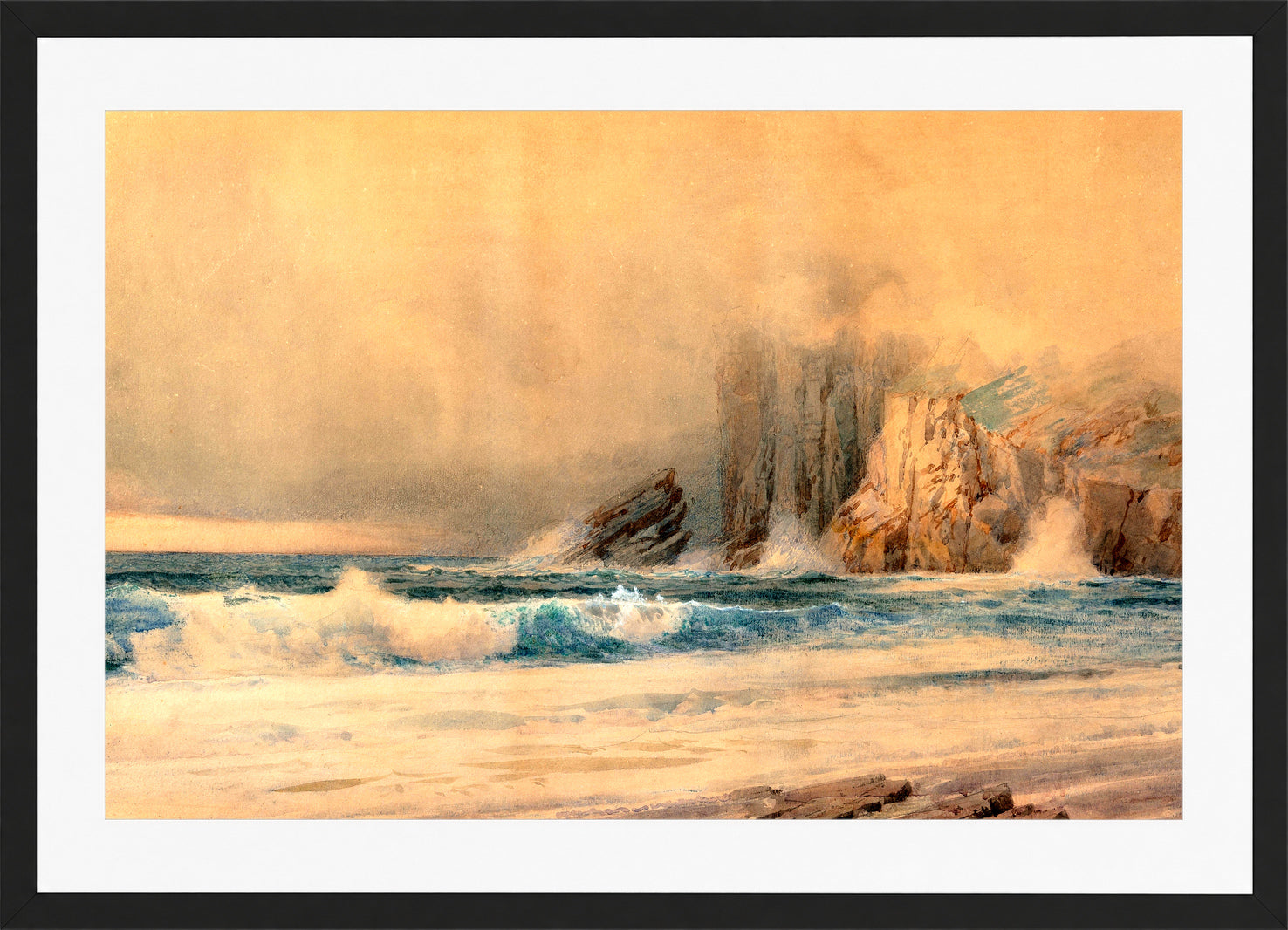 William Trost Richards Print, A Rocky Coast (1897) in a black frame