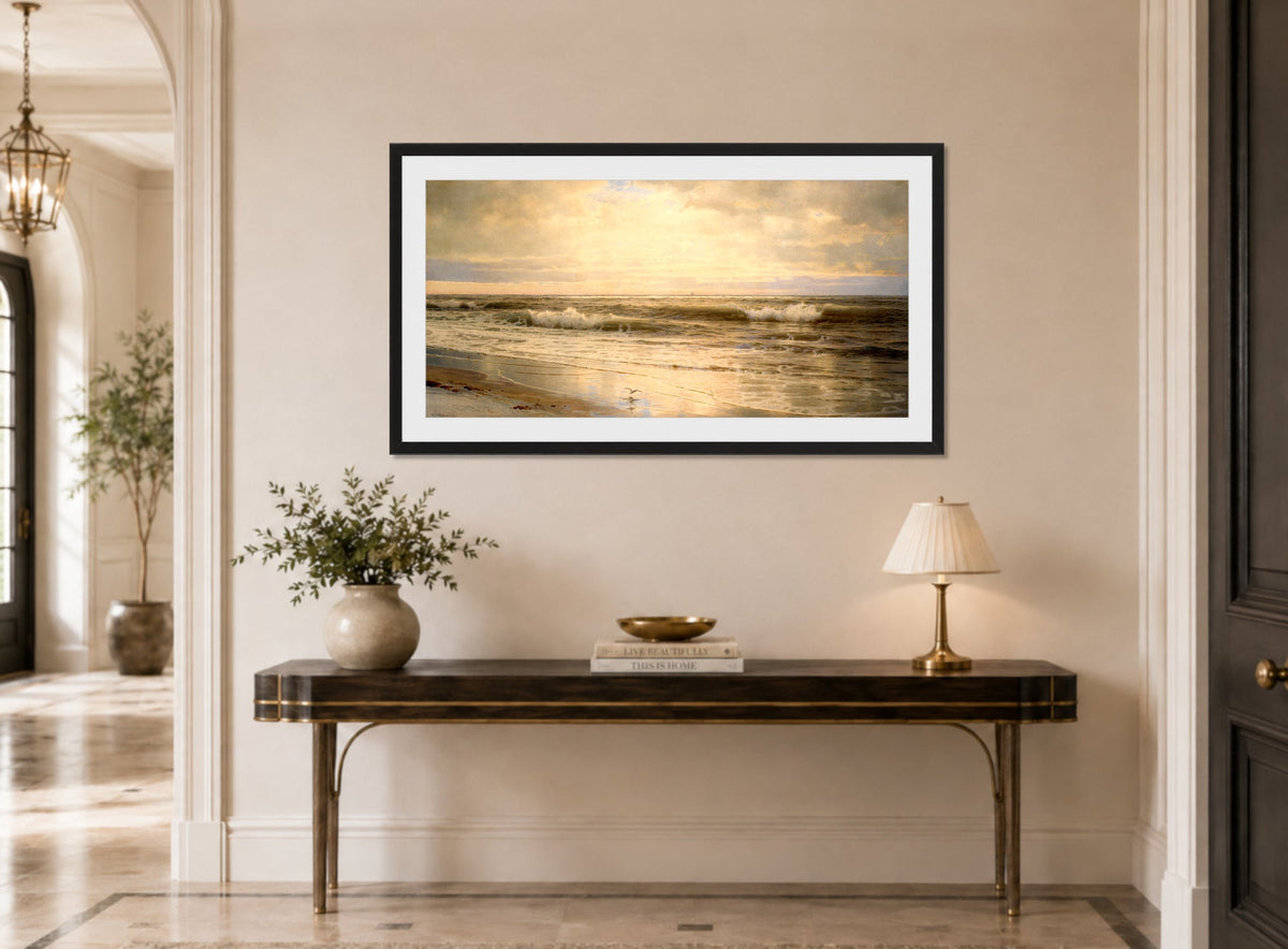 William Trost Richards Print, Atlantic Coast (1898) displayed above a console table