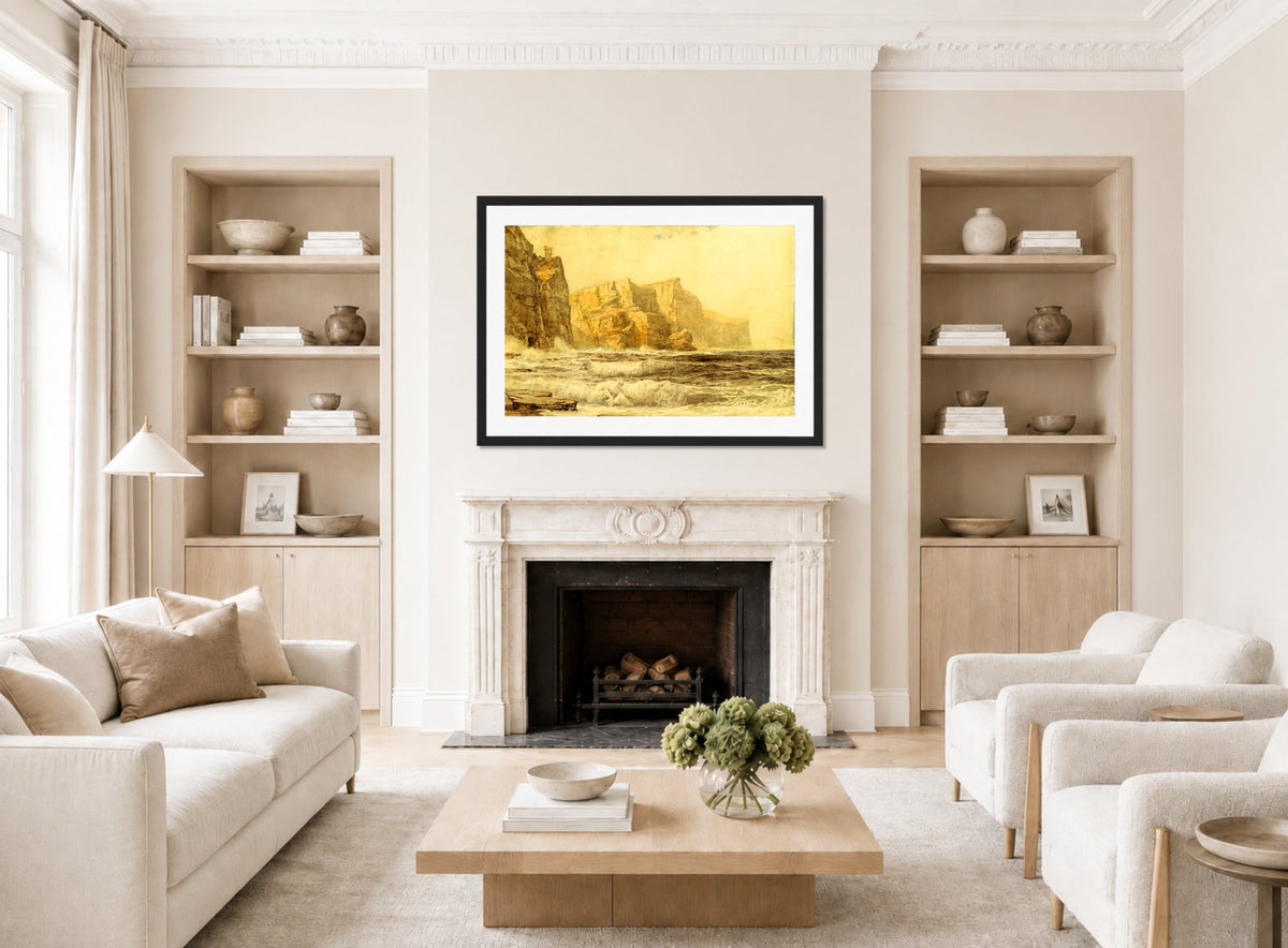 William Trost Richards Print, Baldart Castle, Kilkee, County Clare, Ireland (1892) displayed in a Scandinavian living room