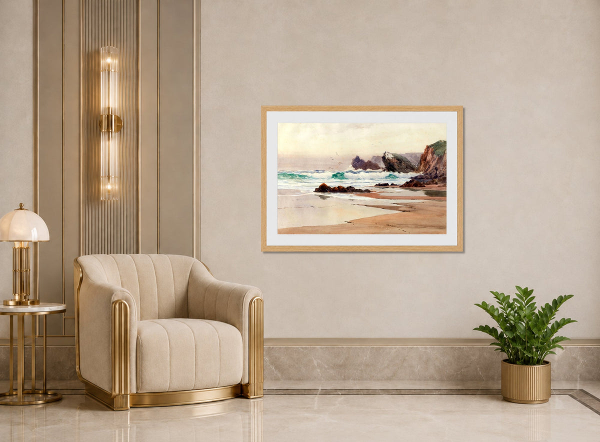 William Trost Richards Print, Breakers (1881) displayed in an Art Deco interior
