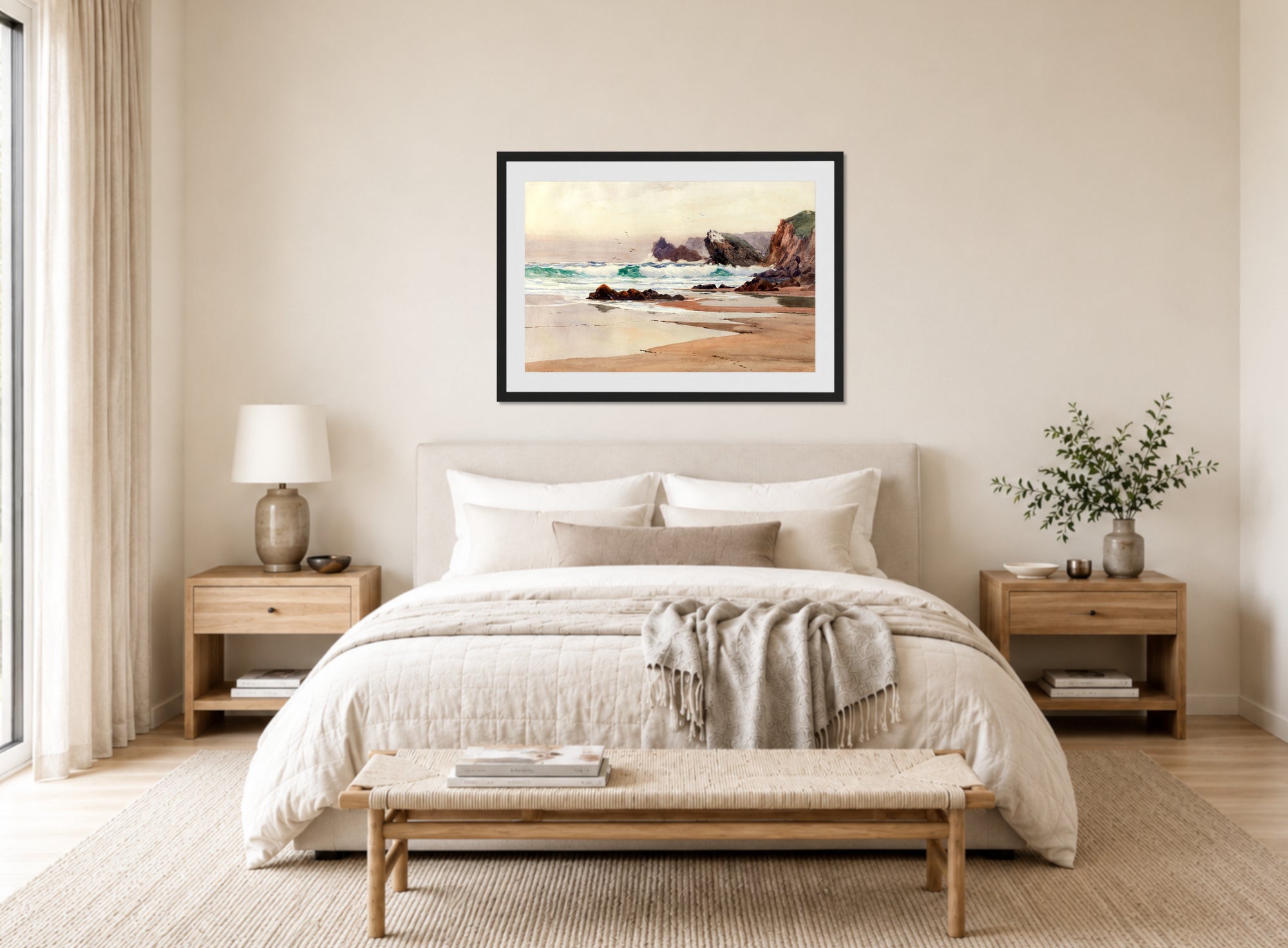 William Trost Richards Print, Breakers (1881) displayed above a bed