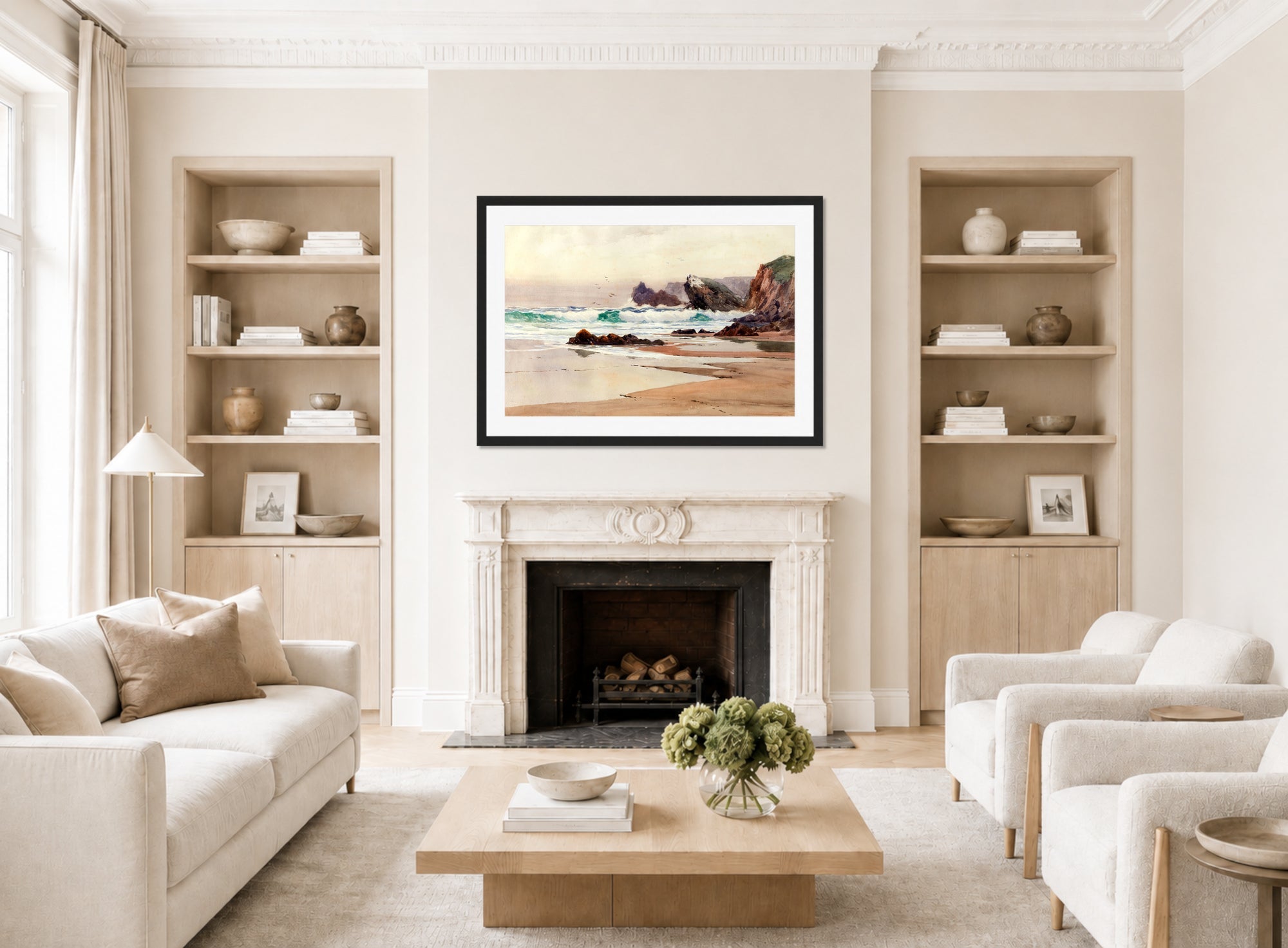 William Trost Richards Print, Breakers (1881) displayed in a Scandinavian living room