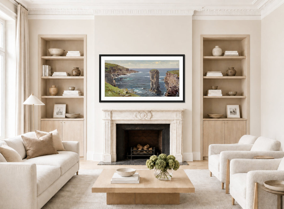 William Trost Richards Print, British Coastal View (Coast of Cornwall) (circa 1880) displayed in a Scandinavian living room