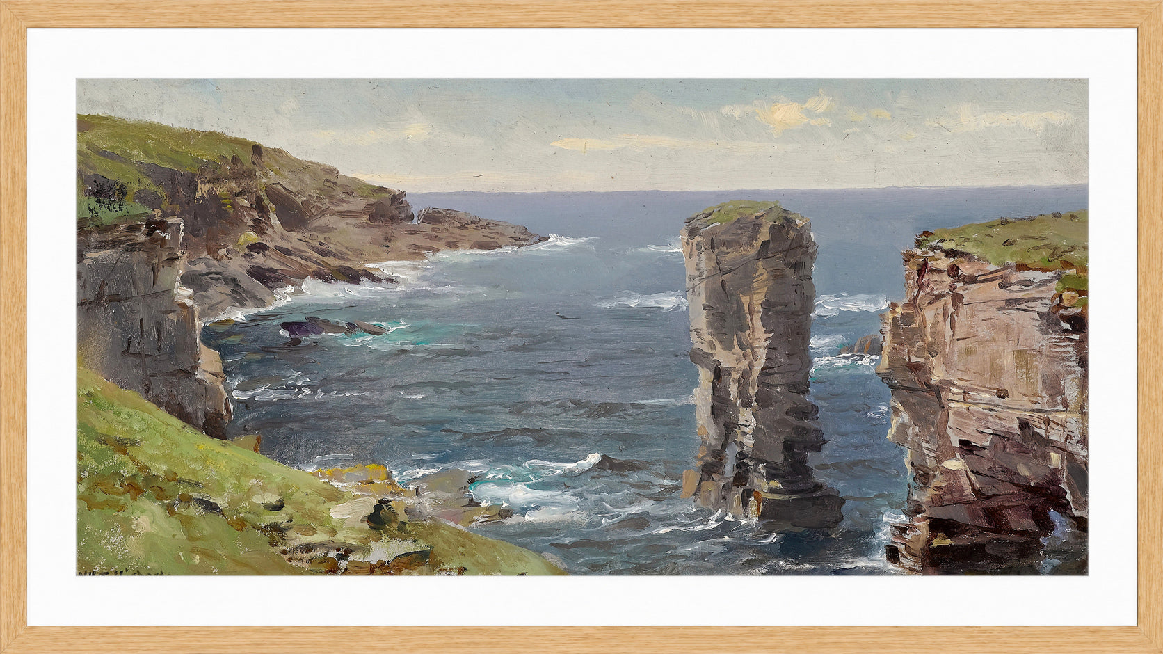 William Trost Richards Print, British Coastal View (Coast of Cornwall) (circa 1880) in a light oak frame