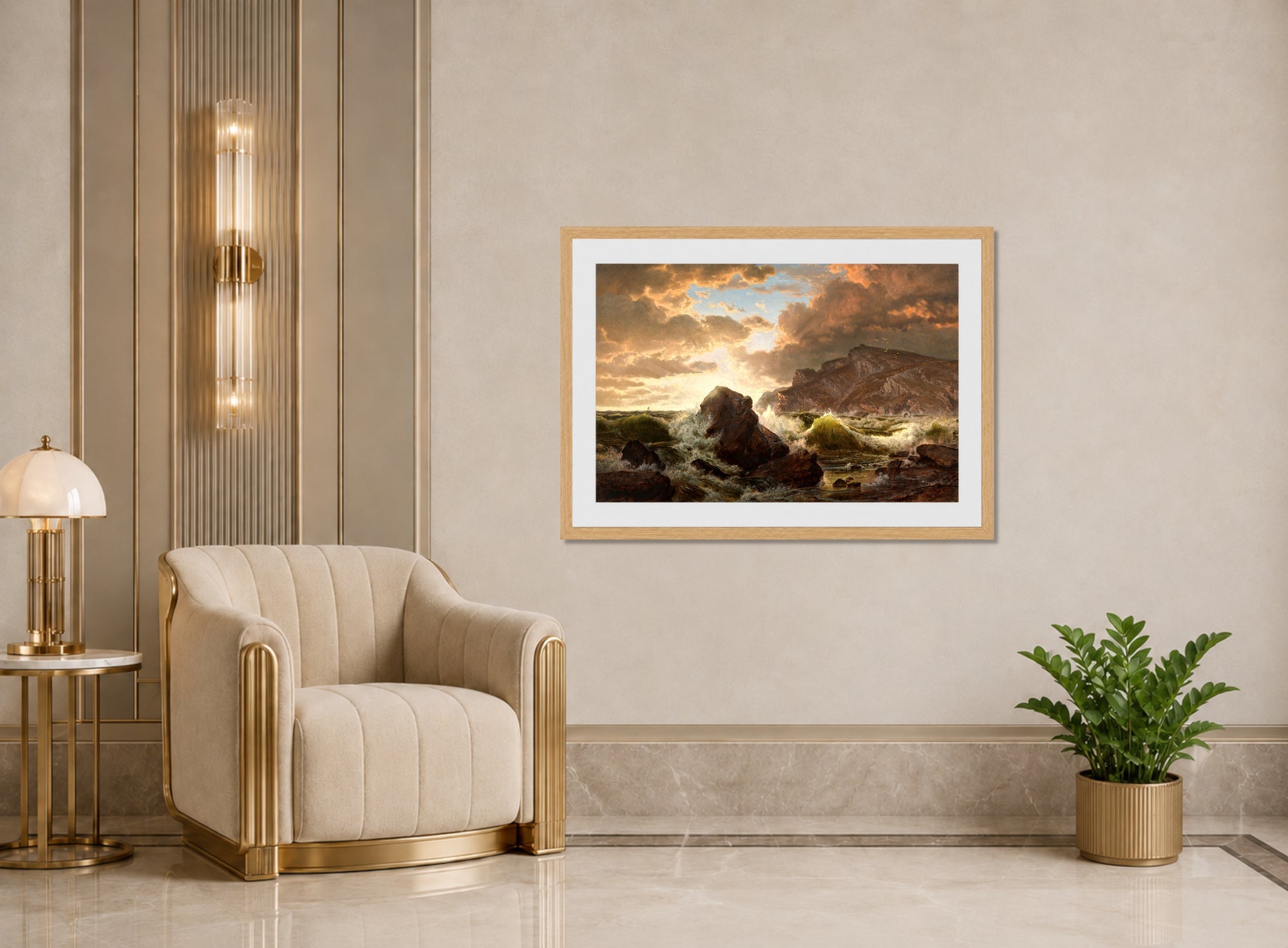 William Trost Richards Print, Coastal Scene displayed in an Art Deco interior