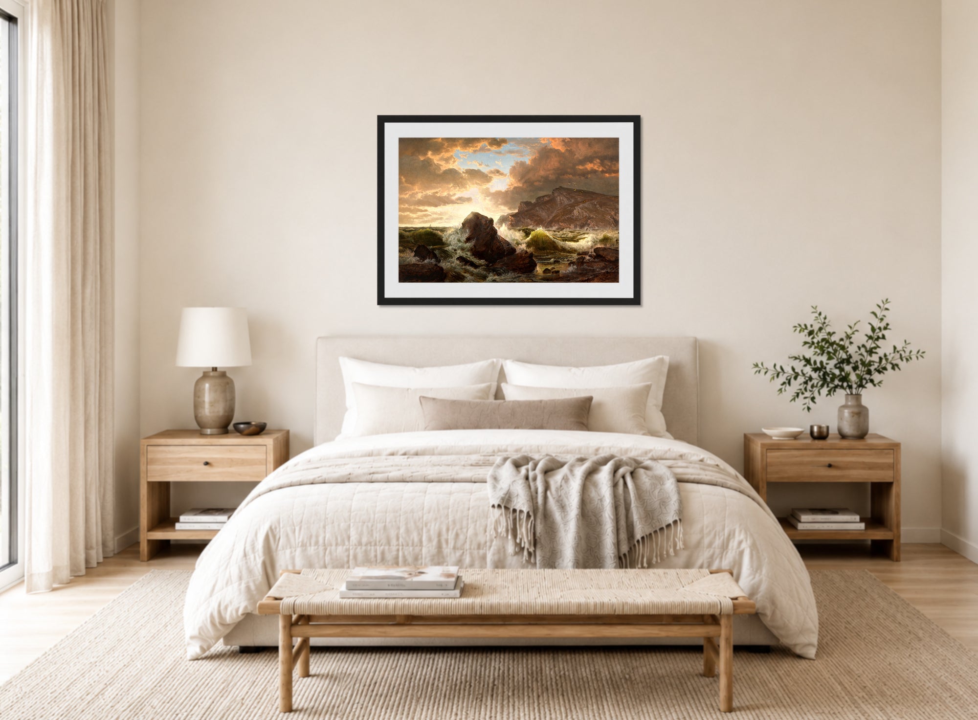 William Trost Richards Print, Coastal Scene displayed above a bed