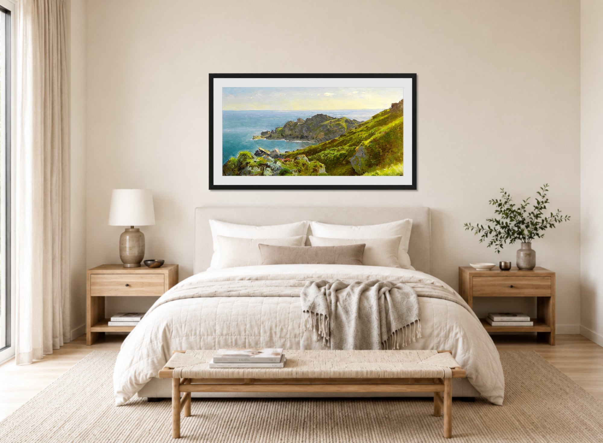 William Trost Richards Print, Coastline With Grassy Slope displayed above a bed