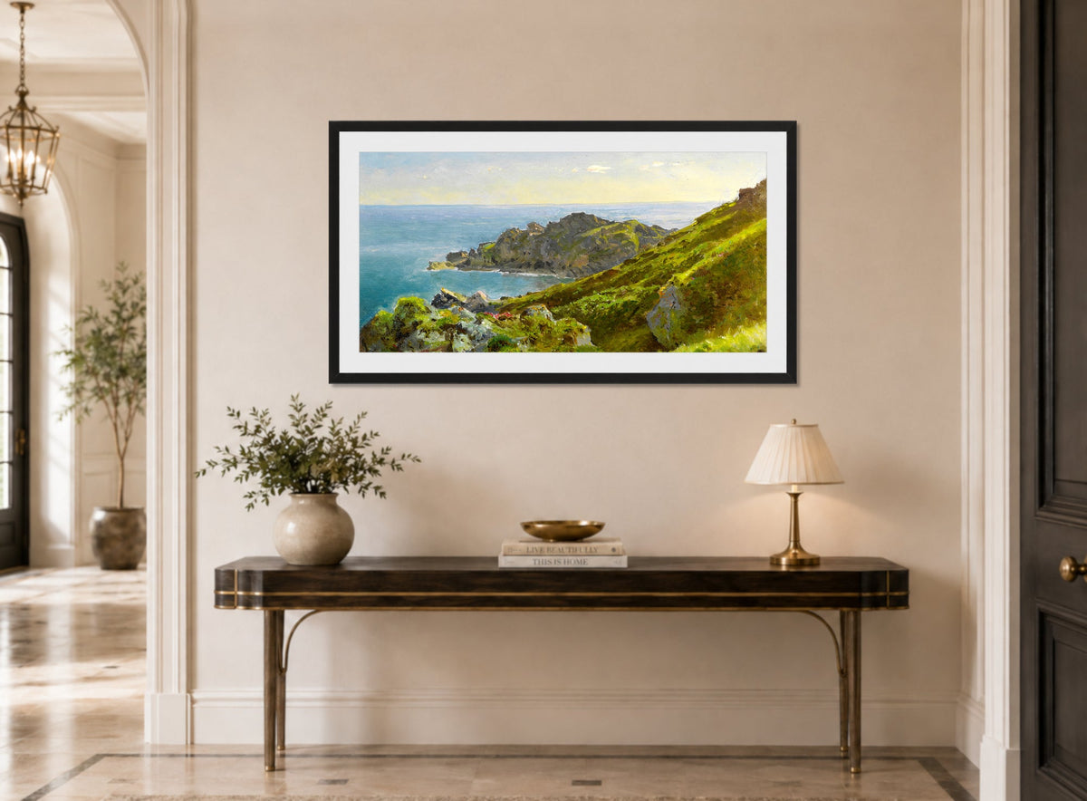 William Trost Richards Print, Coastline With Grassy Slope displayed above a console table
