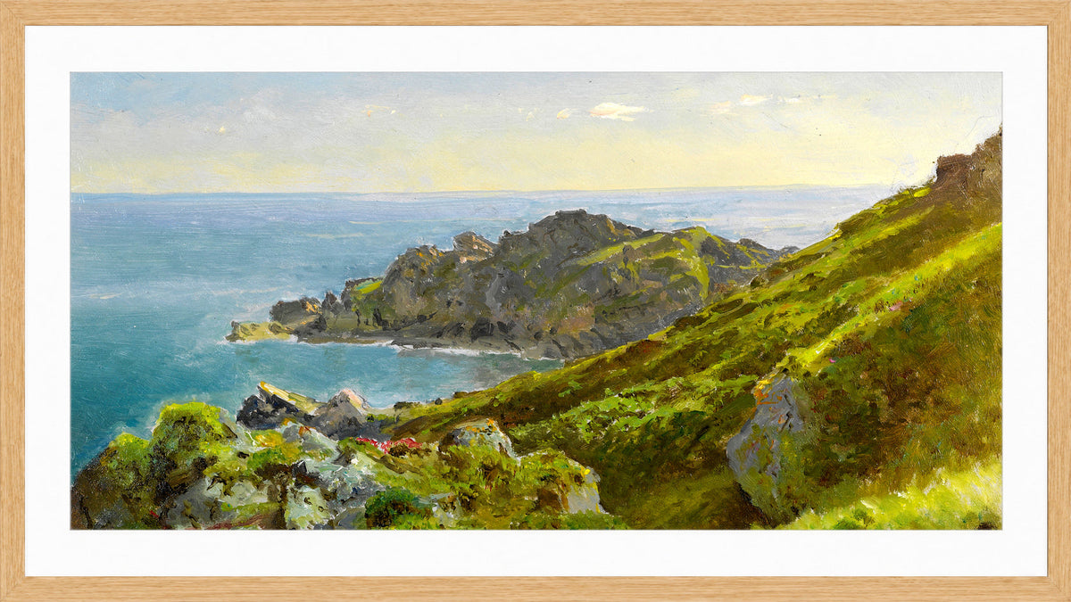 William Trost Richards Print, Coastline With Grassy Slope in a light oak frame