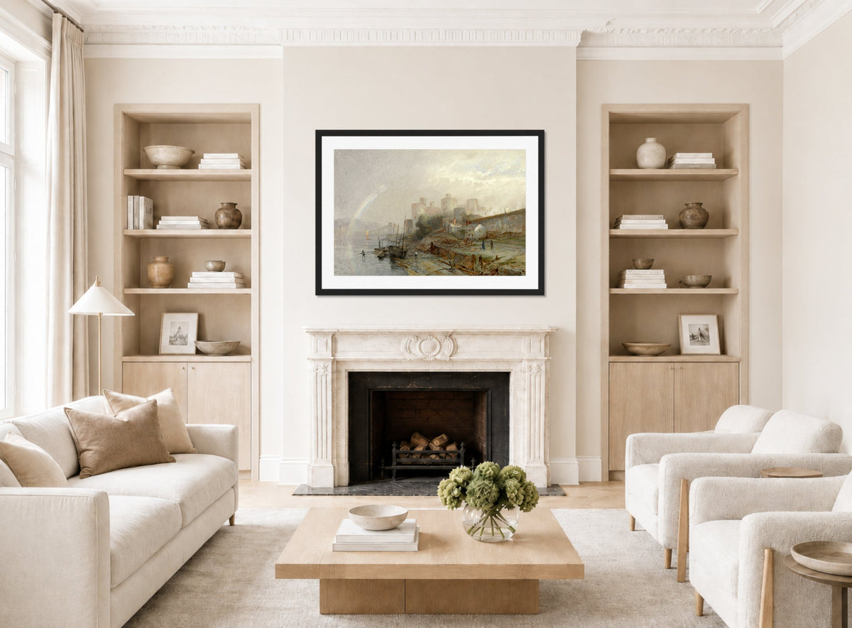 William Trost Richards Print, Conway Castle, Wales (1880) displayed in a Scandinavian living room