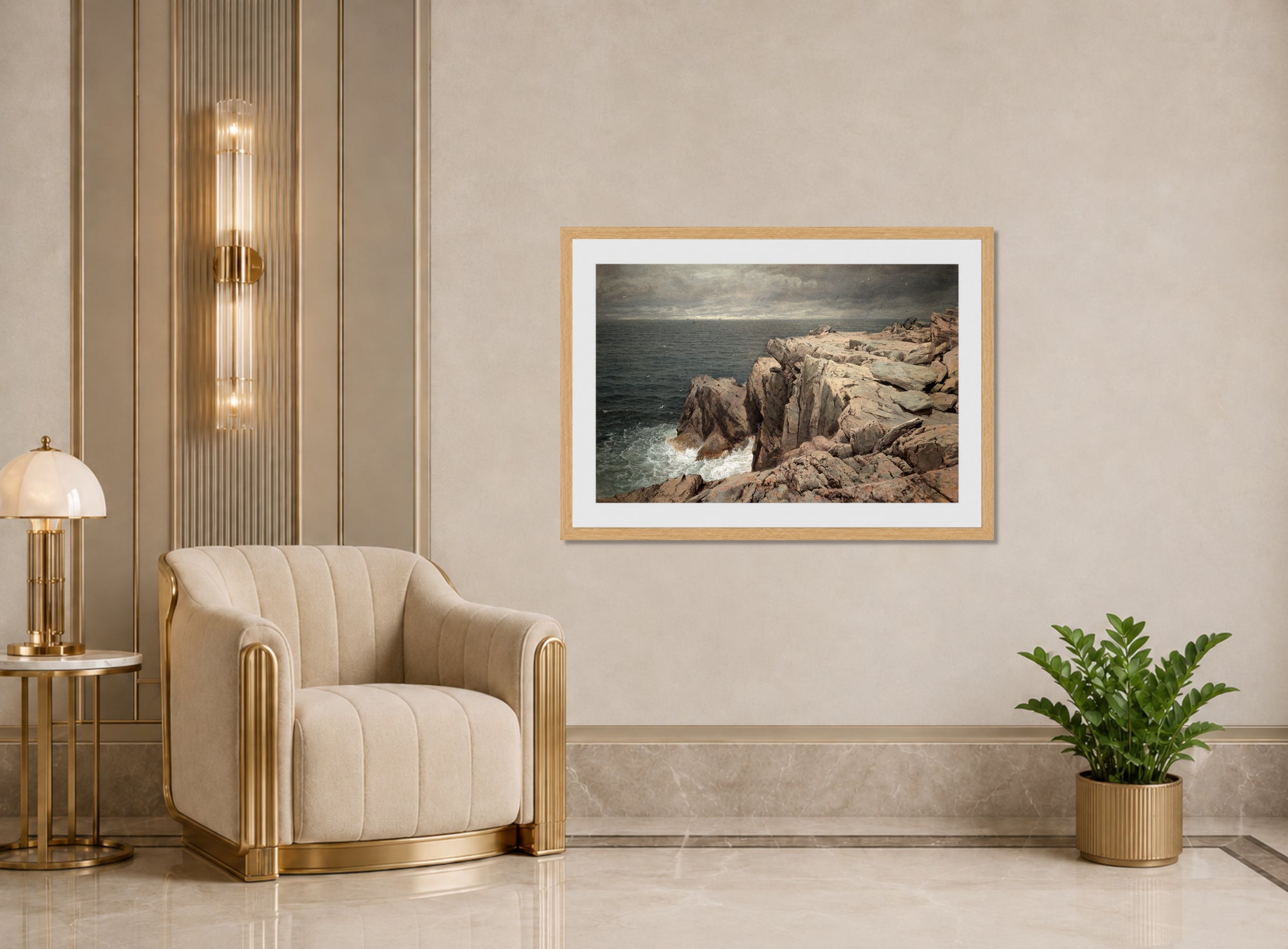 William Trost Richards Print, Cormorant Cliff, Jamestown, Rhode Island (1877) displayed in an Art Deco interior