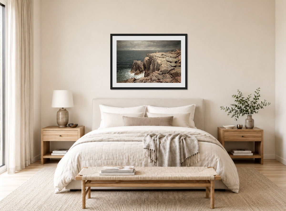 William Trost Richards Print, Cormorant Cliff, Jamestown, Rhode Island (1877) displayed above a bed