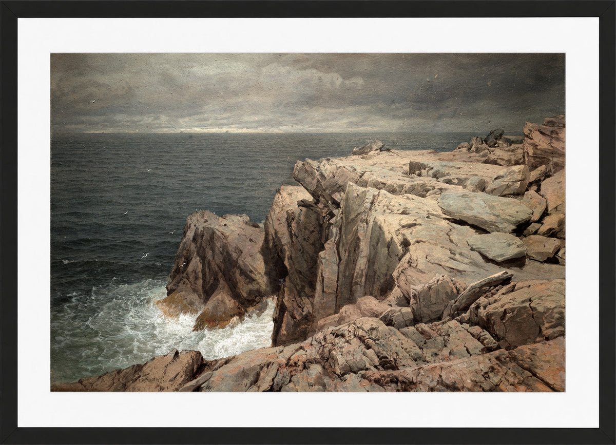 William Trost Richards Print, Cormorant Cliff, Jamestown, Rhode Island (1877) in a black frame