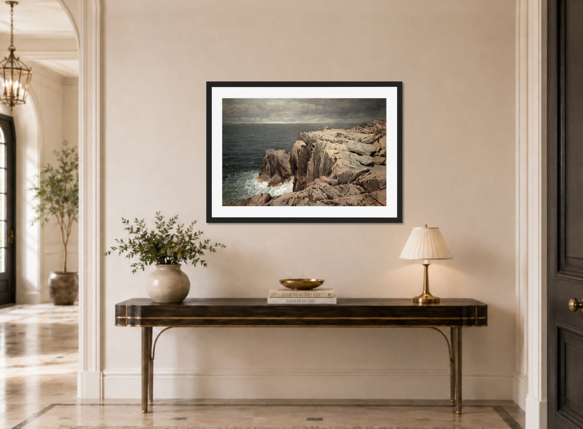 William Trost Richards Print, Cormorant Cliff, Jamestown, Rhode Island (1877) displayed above a console table