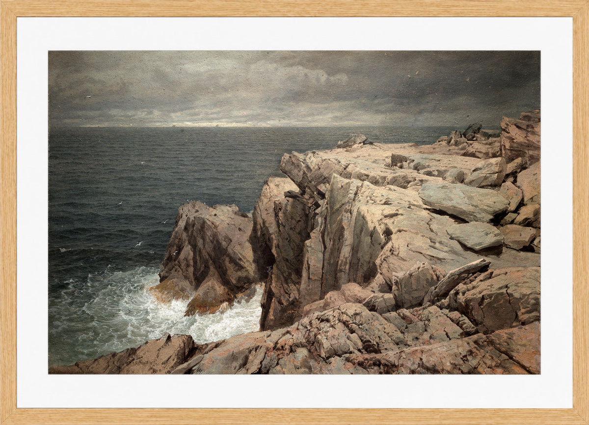 William Trost Richards Print, Cormorant Cliff, Jamestown, Rhode Island (1877) in a light oak frame