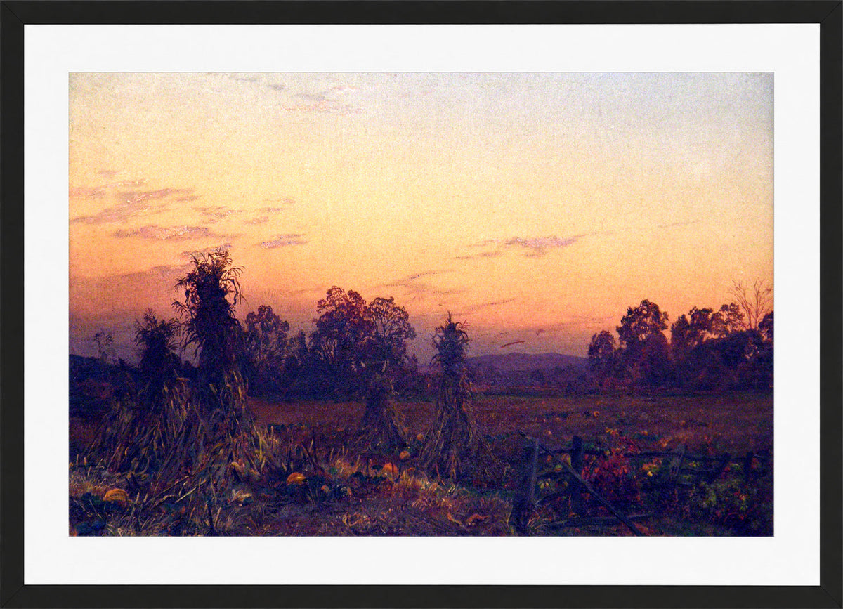William Trost Richards Print, Corn Shocks and Pumpkins (1864) in a black frame