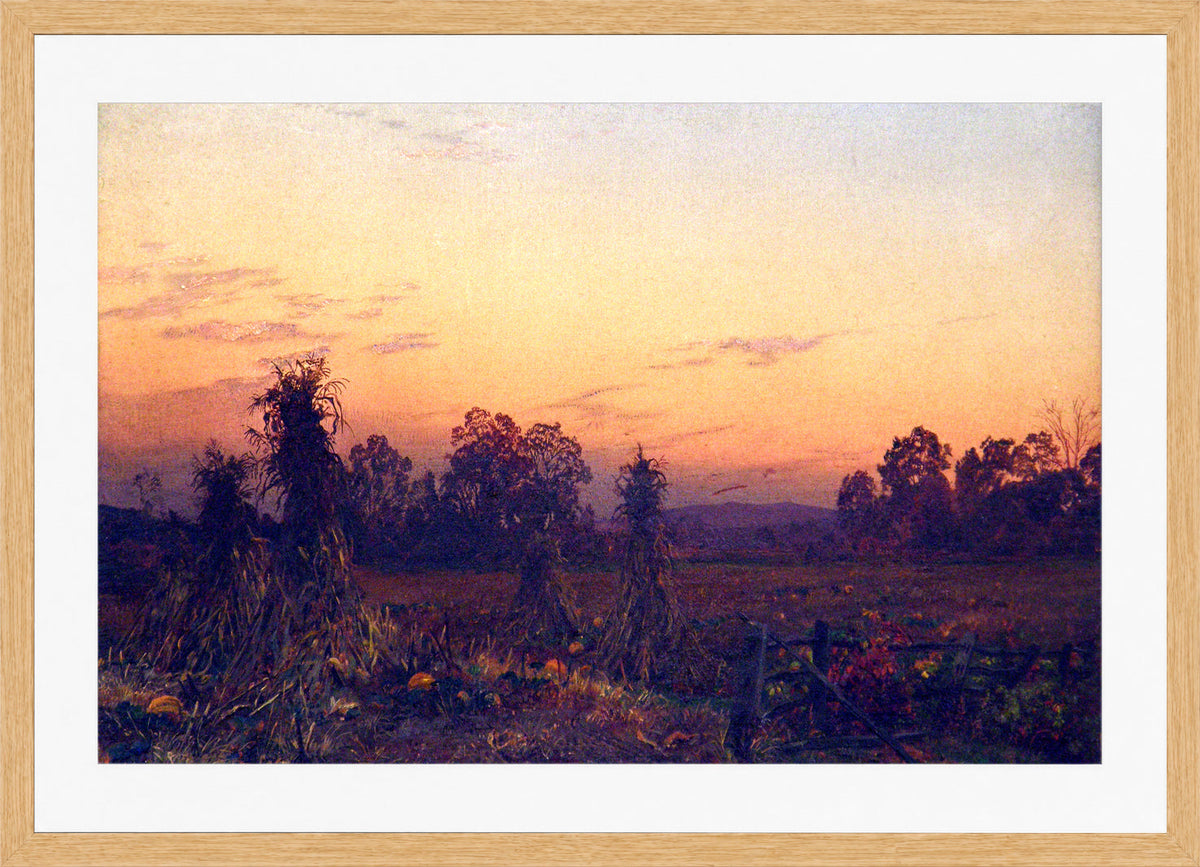 William Trost Richards Print, Corn Shocks and Pumpkins (1864) in a light oak frame