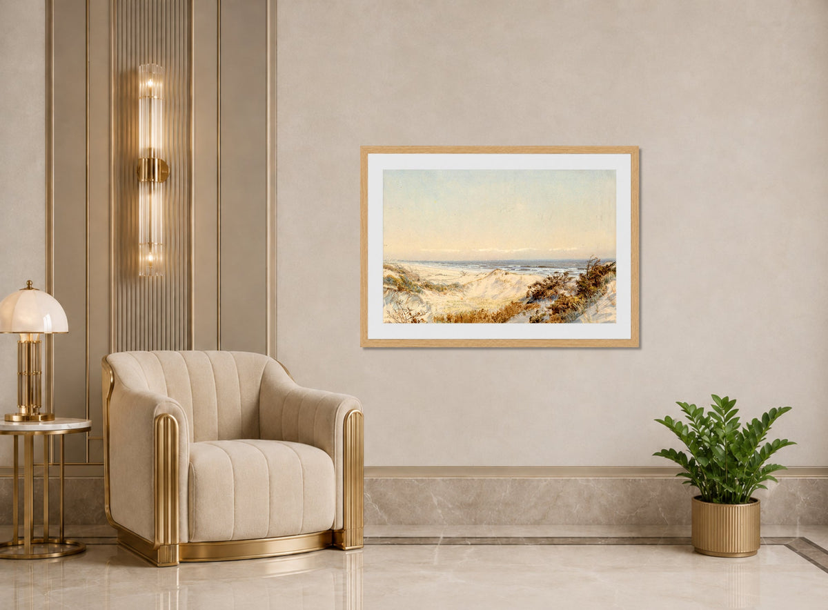 William Trost Richards Print, Dunes Near Atlantic City (circa 1895) displayed in an Art Deco interior
