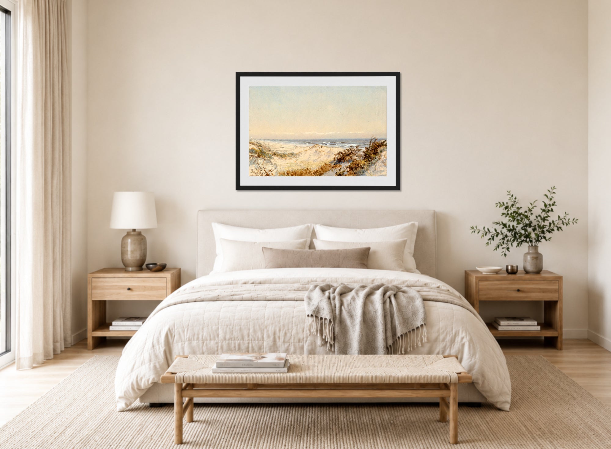 William Trost Richards Print, Dunes Near Atlantic City (circa 1895) displayed above a bed