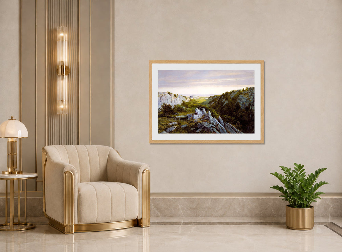 William Trost Richards Print, From Paradise to Purgatory, Newport (1878) displayed in an Art Deco interior