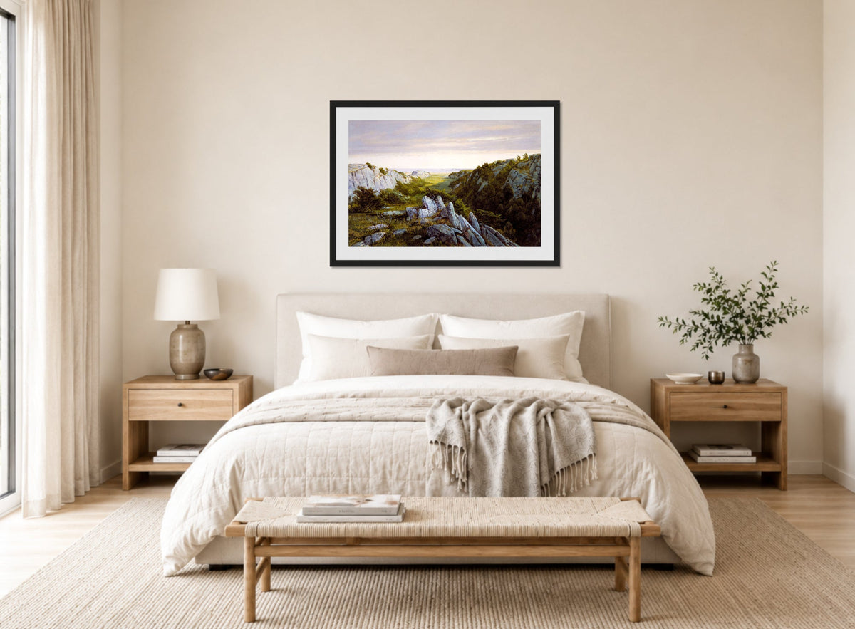 William Trost Richards Print, From Paradise to Purgatory, Newport (1878) displayed above a bed